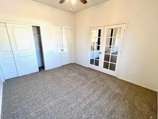 unfurnished bedroom with a closet, carpet floors, french doors, and ceiling fan