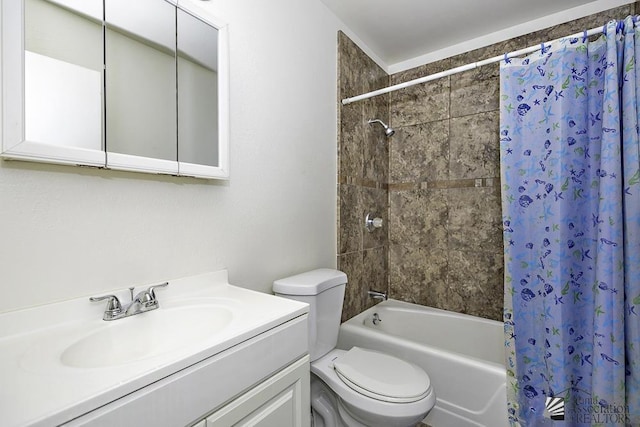 full bathroom with vanity, shower / bathtub combination with curtain, and toilet