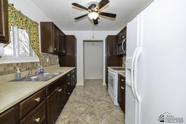 kitchen featuring dark brown cabinetry, sink, white appliances, ceiling fan, and decorative backsplash