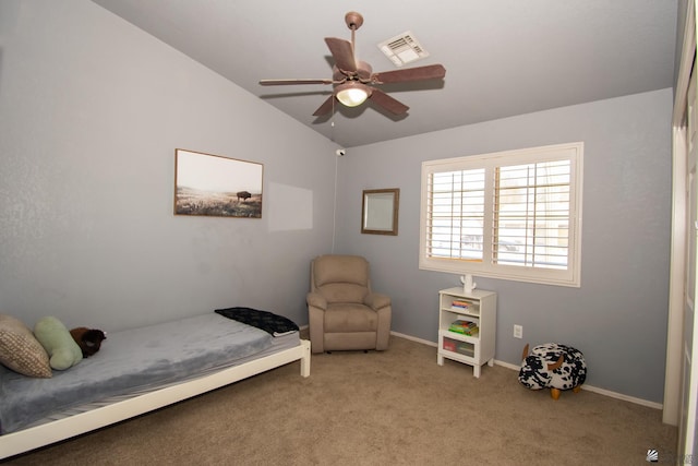 bedroom featuring carpet floors, lofted ceiling, visible vents, ceiling fan, and baseboards