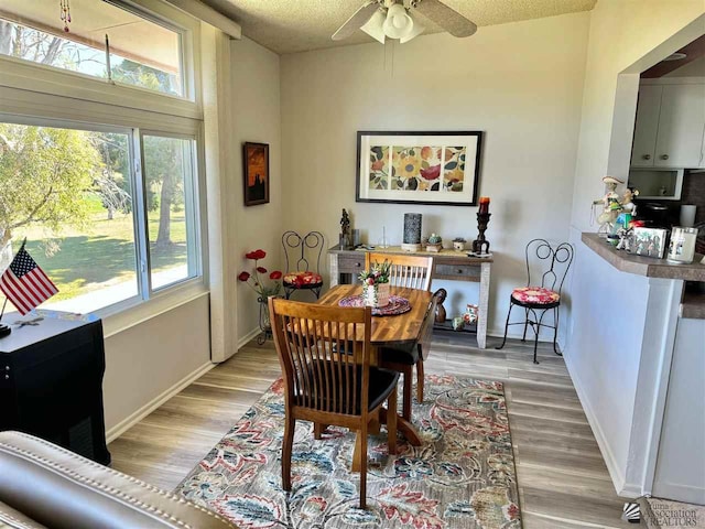 dining room with a ceiling fan, baseboards, a textured ceiling, and light wood finished floors