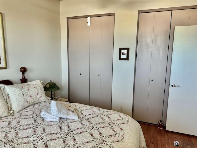 bedroom featuring dark wood finished floors and two closets