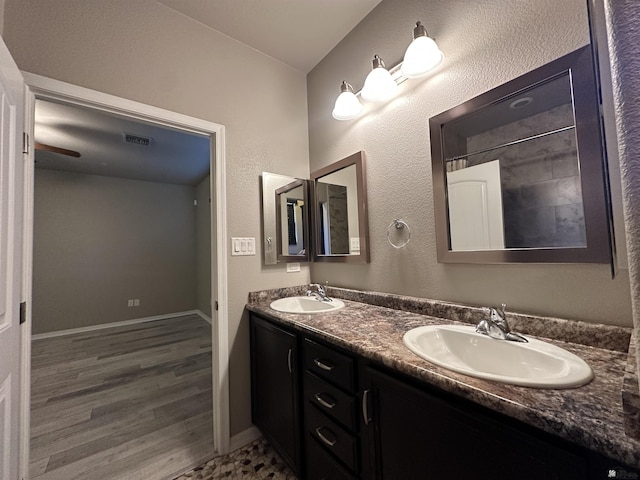 bathroom with hardwood / wood-style flooring and vanity