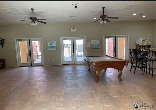 rec room with pool table, recessed lighting, french doors, and a ceiling fan