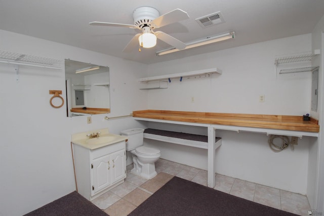 bathroom featuring tile patterned flooring, vanity, toilet, and ceiling fan