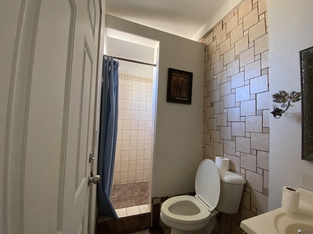 full bath featuring toilet, vanity, a shower stall, and tile walls