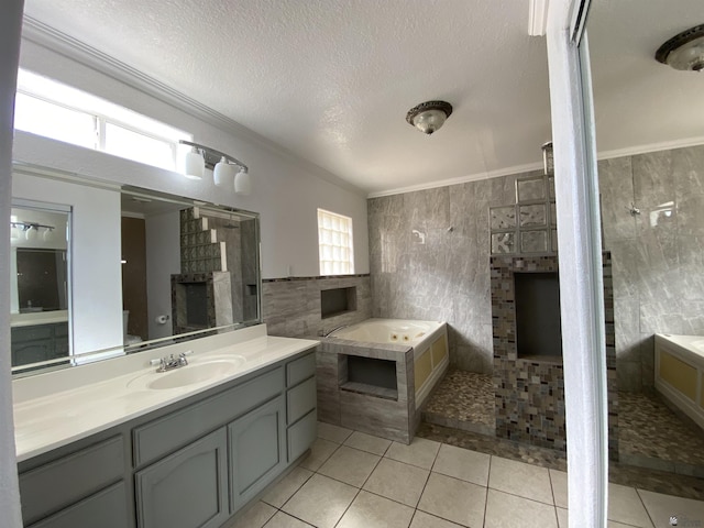 full bath with crown molding, tile walls, a textured ceiling, a bath, and tile patterned floors