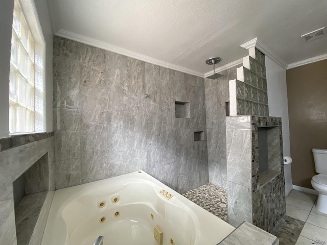 bathroom with crown molding, visible vents, toilet, a whirlpool tub, and walk in shower