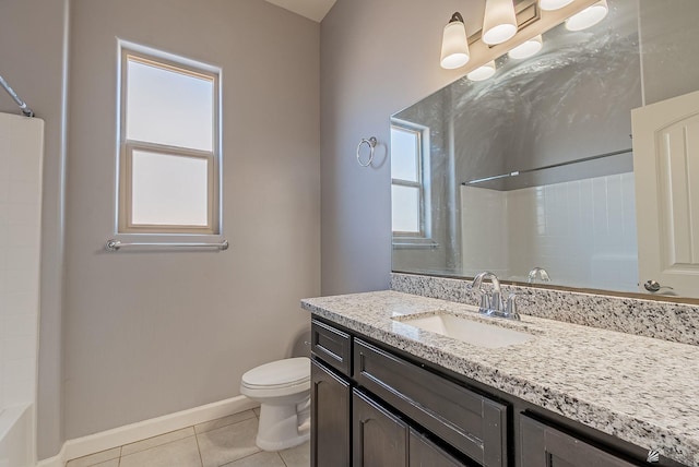 bathroom with tile patterned flooring, toilet, vanity, and baseboards