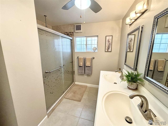 bathroom featuring ceiling fan, tile patterned flooring, vanity, and walk in shower