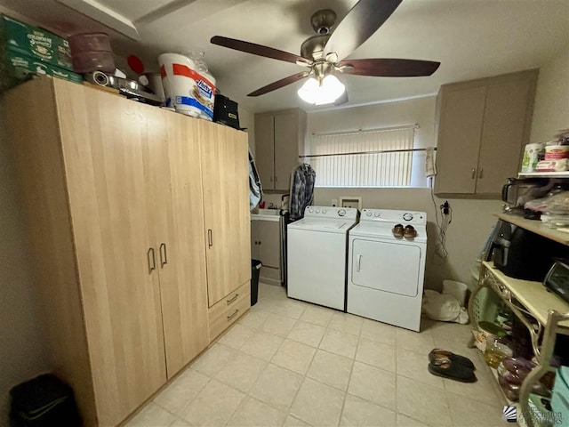 laundry room with washer and dryer, ceiling fan, and cabinets