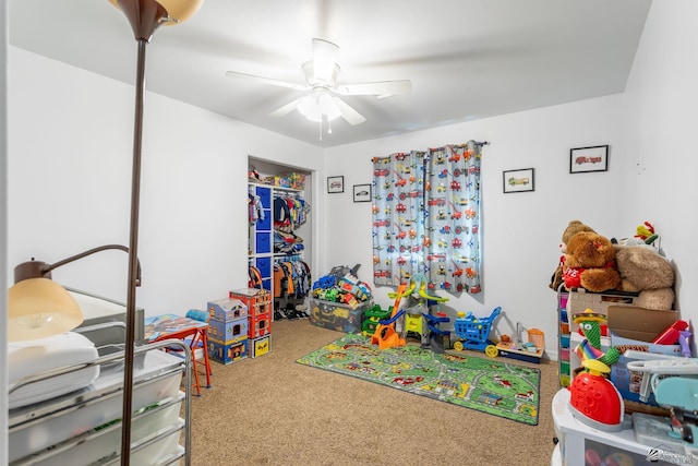 game room featuring ceiling fan and carpet floors