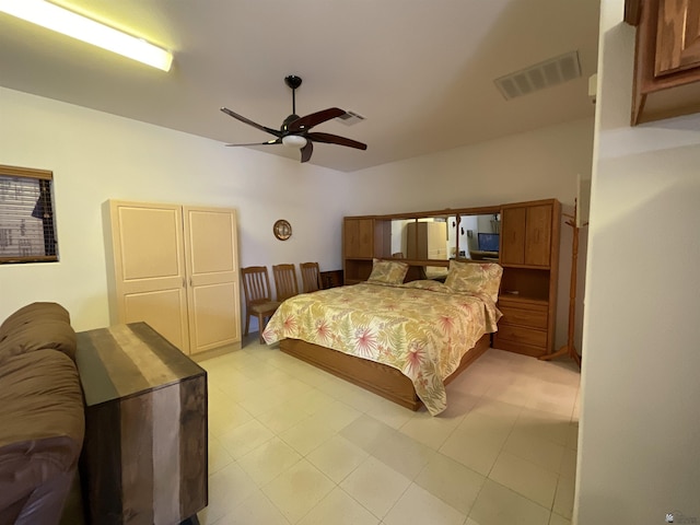 bedroom with ceiling fan and visible vents
