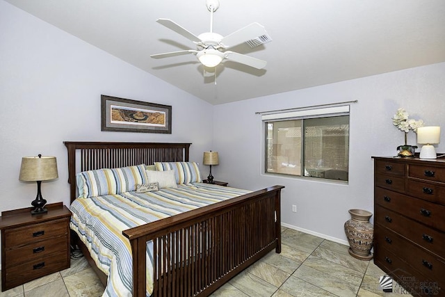 bedroom featuring vaulted ceiling and ceiling fan