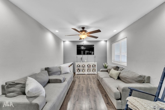 living room with hardwood / wood-style flooring and ceiling fan