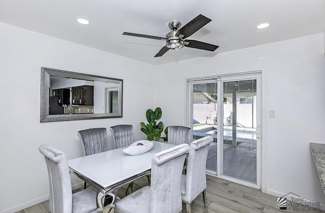 dining area featuring ceiling fan, light wood finished floors, recessed lighting, and baseboards