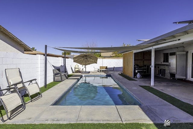 view of pool with a patio area, a fenced backyard, and a fenced in pool