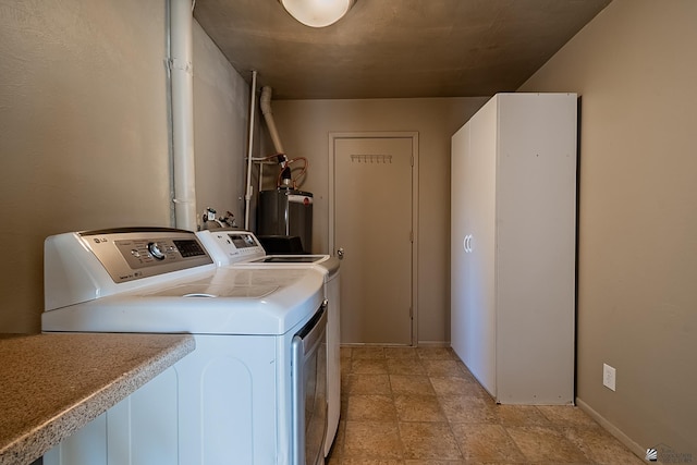 laundry area featuring water heater and washing machine and clothes dryer