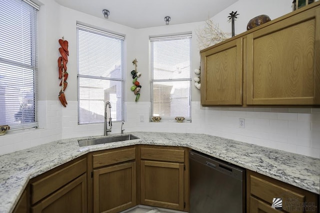 kitchen featuring decorative backsplash, a wealth of natural light, dishwasher, and sink