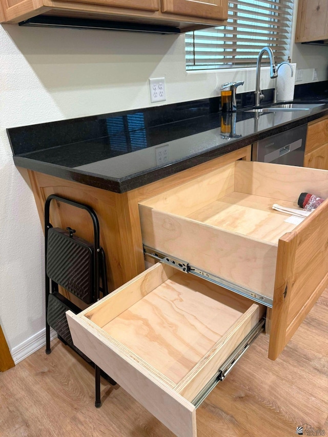 kitchen with sink, stainless steel dishwasher, and light wood-type flooring