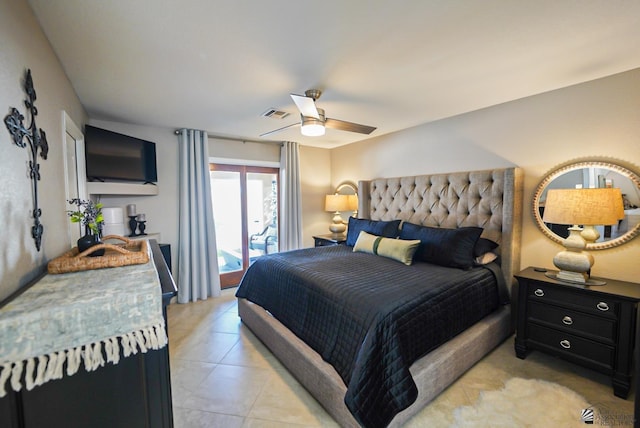 tiled bedroom with ceiling fan and access to outside