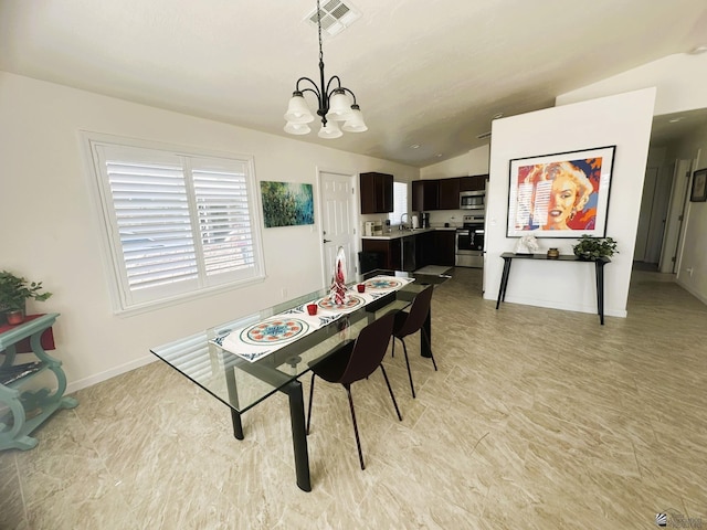 dining area featuring baseboards, visible vents, vaulted ceiling, and a chandelier