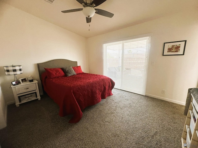 bedroom featuring carpet floors, baseboards, visible vents, and a ceiling fan