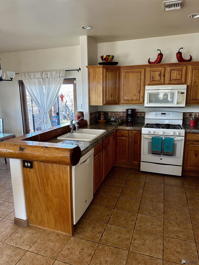 kitchen featuring kitchen peninsula, tile patterned floors, sink, and white appliances