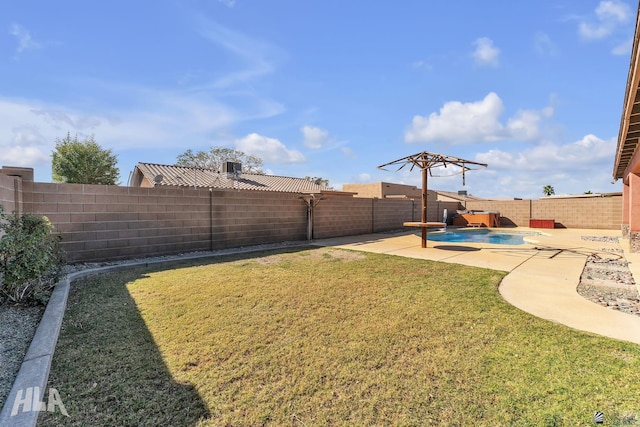 view of yard with a patio area, a fenced backyard, and a fenced in pool