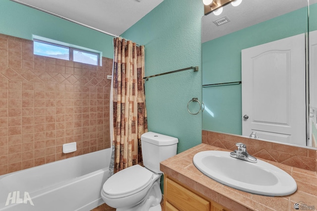 full bath featuring shower / bath combo, visible vents, a textured wall, toilet, and vanity