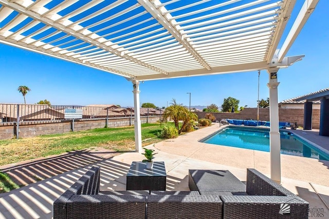 view of pool with outdoor lounge area, a pergola, and a patio area