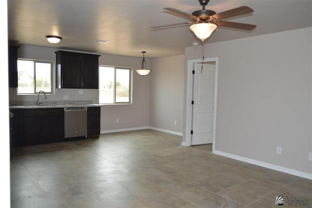 kitchen with dishwasher, sink, a wealth of natural light, and ceiling fan