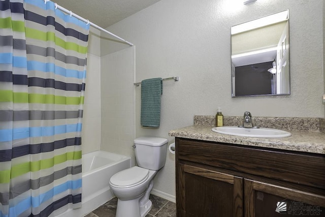 full bathroom with toilet, shower / bath combo, a textured ceiling, tile patterned flooring, and vanity