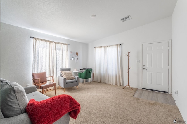 sitting room featuring light carpet, lofted ceiling, and a healthy amount of sunlight