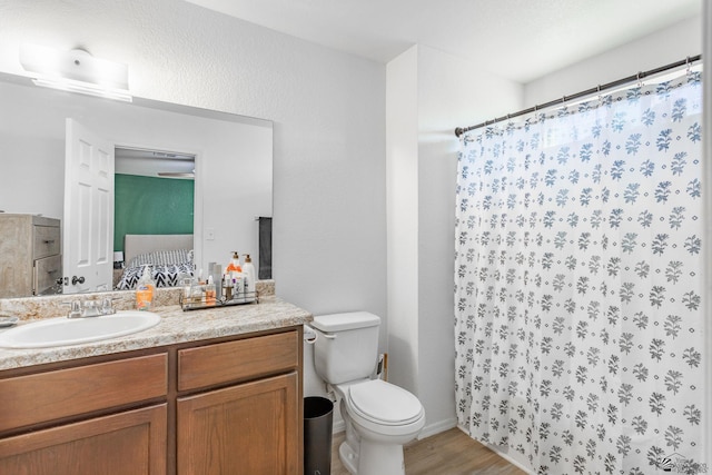 bathroom with a shower with curtain, vanity, wood-type flooring, and toilet