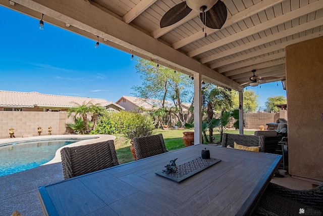 view of patio / terrace with a fenced in pool, outdoor dining area, a fenced backyard, and ceiling fan