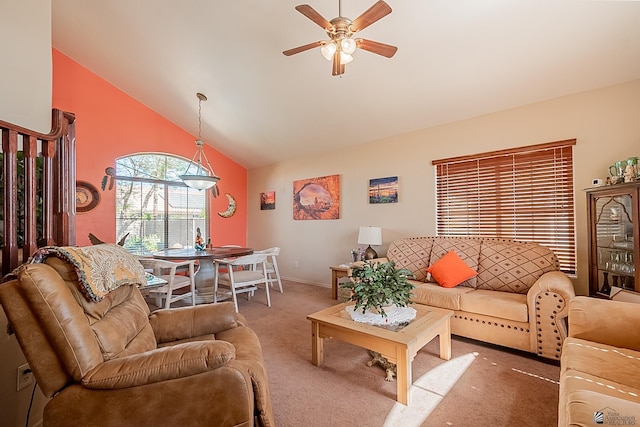 living room featuring ceiling fan, high vaulted ceiling, carpet, and baseboards