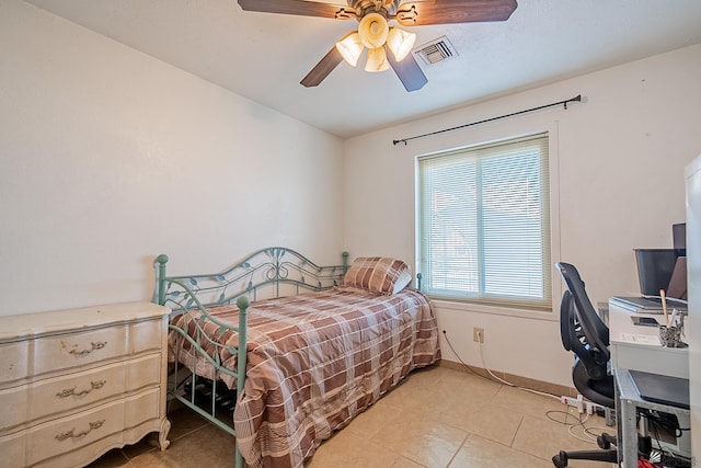 bedroom featuring light tile patterned flooring, visible vents, and ceiling fan