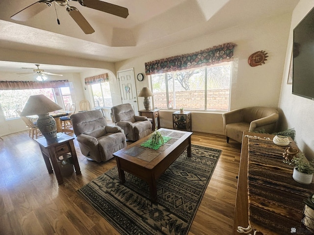 living area featuring a ceiling fan, a raised ceiling, and wood finished floors