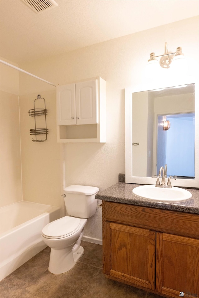 bathroom featuring shower / bath combination, visible vents, toilet, vanity, and tile patterned flooring