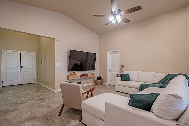 living room with lofted ceiling and ceiling fan