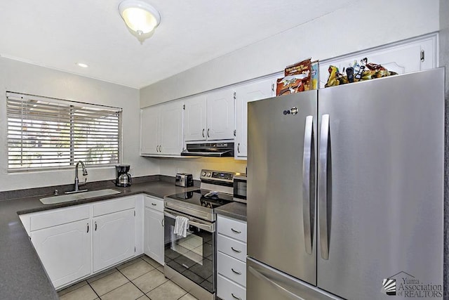 kitchen with sink, light tile patterned flooring, white cabinets, and stainless steel appliances