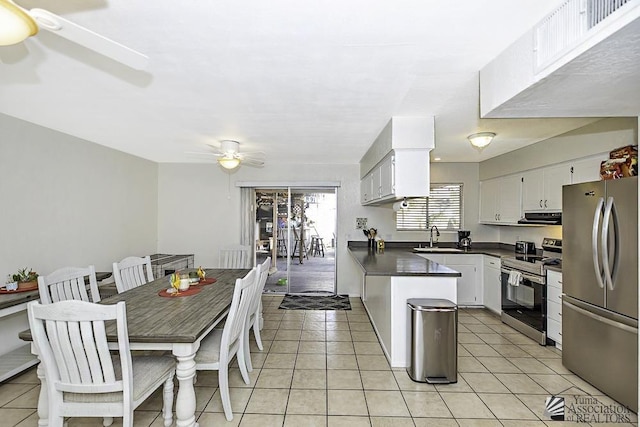 kitchen featuring kitchen peninsula, ceiling fan, appliances with stainless steel finishes, white cabinetry, and range hood