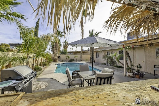 view of swimming pool with area for grilling and a patio