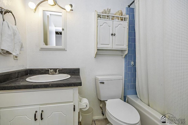 full bathroom with toilet, vanity, and shower / bathtub combination with curtain