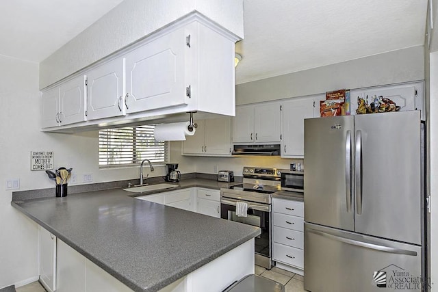 kitchen featuring appliances with stainless steel finishes, white cabinetry, light tile patterned floors, sink, and kitchen peninsula