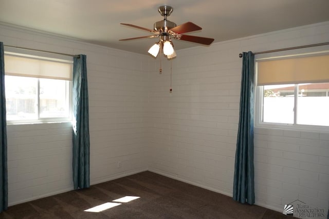 unfurnished room featuring a ceiling fan, carpet floors, and ornamental molding