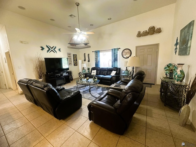 living room with recessed lighting, a high ceiling, visible vents, light tile patterned flooring, and ceiling fan