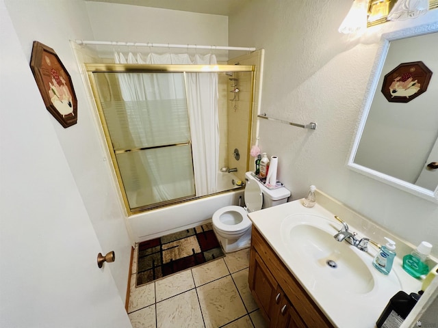 full bathroom with tile patterned floors, vanity, toilet, and enclosed tub / shower combo