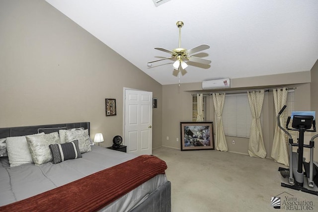 carpeted bedroom featuring lofted ceiling, a ceiling fan, and an AC wall unit